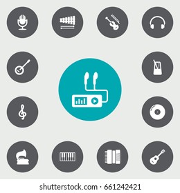 Set Of 13 Music Icons Set.Collection Of Acoustic, Quaver, Retro Disc And Other Elements.
