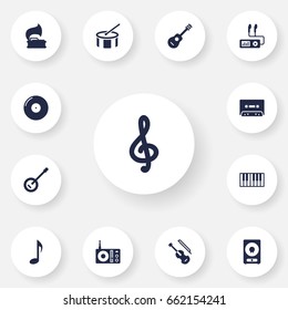 Set Of 13 Music Icons Set.Collection Of Octave Keyboard, Retro Disc, Fiddle And Other Elements.