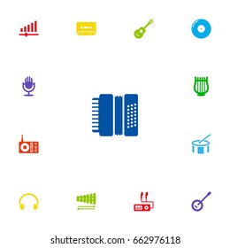 Set Of 13 Music Icons Set.Collection Of Percussion, Tape, Acoustic And Other Elements.