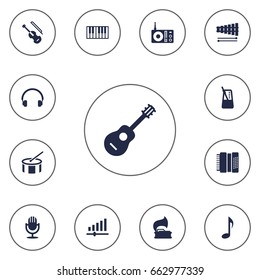 Set Of 13 Music Icons Set.Collection Of Earphones, Octave Keyboard, Acoustic And Other Elements.