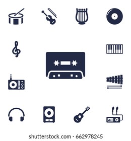 Set Of 13 Music Icons Set.Collection Of Retro Disc, Tape, Amplifier And Other Elements.