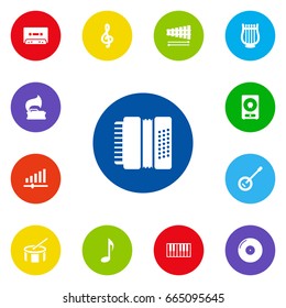 Set Of 13 Music Icons Set.Collection Of Harmonica, Octave Keyboard, Lyre And Other Elements.