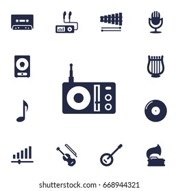 Set Of 13 Music Icons Set.Collection Of Karaoke, Banjo, Amplifier And Other Elements.