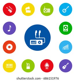 Set Of 13 Music Icons Set.Collection Of Knob, Banjo, Turntable And Other Elements.