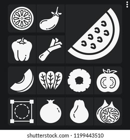 Set of 13 natural filled icons such as melon, fig, lemon, spinach, bell pepper, crop, onion, tomato, pomegranate, pear, watermelon, eggplant
