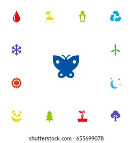 Set Of 13 Natural Icons Set.Collection Of Tree, Moth, Solar And Other Elements.