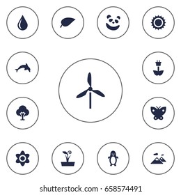 Set Of 13 Natural Icons Set.Collection Of Blob, Wind Energy, Moth And Other Elements.