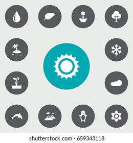 Set Of 13 Nature Icons Set.Collection Of Blob, Overcast, Isle Beach And Other Elements.
