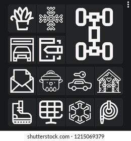 Set of 13 new outline icons such as plant, solar panels, gingerbread house, snowflake, chassis, water hose, rental, sith, garage, message, smartphone, cooking pot