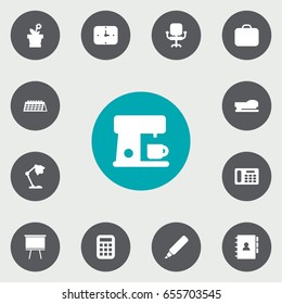 Set Of 13 Office Icons Set.Collection Of Time, Sew, Case And Other Elements.