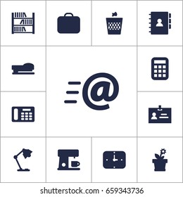 Set Of 13 Office Icons Set.Collection Of Book, Calculate, Time And Other Elements.