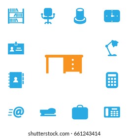 Set Of 13 Office Icons Set.Collection Of Desktop, Sew, Case And Other Elements.