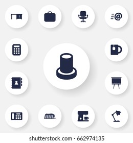Set Of 13 Office Icons Set.Collection Of Cup, Espresso, Case And Other Elements.