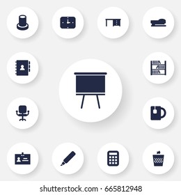 Set Of 13 Office Icons Set.Collection Of Cup, Airchair, Calculate And Other Elements.