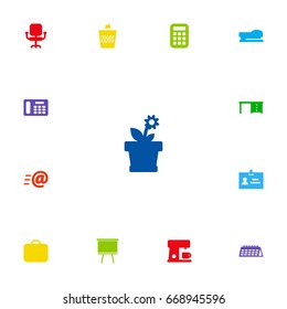 Set Of 13 Office Icons Set.Collection Of Desktop, Data, Airchair And Other Elements.