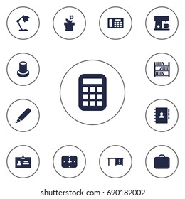 Set Of 13 Office Icons Set.Collection Of Time, Calculate, Illuminator And Other Elements.