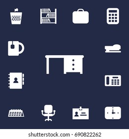 Set Of 13 Office Icons Set.Collection Of Airchair, Desktop, Book And Other Elements.