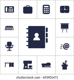 Set Of 13 Office Icons Set.Collection Of Airchair, Time, Desktop And Other Elements.