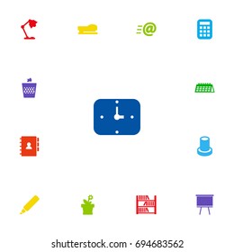 Set Of 13 Office Icons Set.Collection Of Book, Time, Illuminator And Other Elements.
