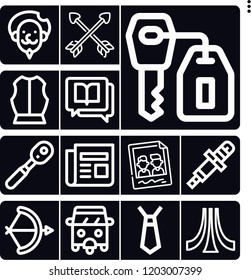 Set of 13 old outline icons such as armour, arch, rickshaw, atari, spark plug, wrench, literature, don quixote, memories, key, newspaper, crossed arrows