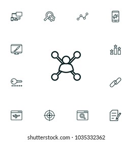 Set of 13 optimization icons line style set. Collection of columns, application analytics, copyright and other elements.