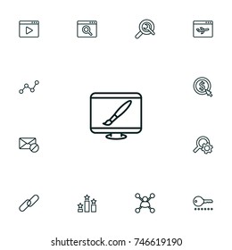 Set Of 13 Optimization Outline Icons Set.Collection Of Cost Per, Wrench, Password And Other Elements.