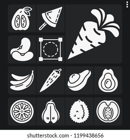 Set of 13 organic filled icons such as avocado, bananas, durian, beans, pear, lemon, carrot, crop, peach, popsicle, chili pepper