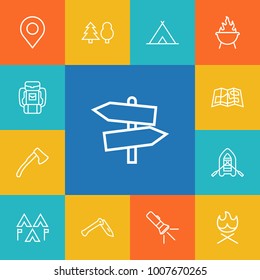 Set of 13 outdoor icons line style set. Collection of gps, ax, bonfire and other elements.