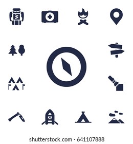 Set Of 13 Outdoor Icons Set.Collection Of Magnet Navigatior, Camp, Flashlight And Other Elements.