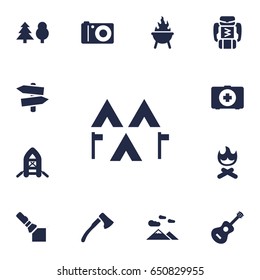 Set Of 13 Outdoor Icons Set.Collection Of Signpost, Wood Axe, First Aid Box And Other Elements.