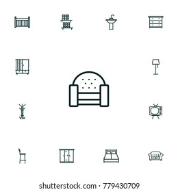 Set Of 13 Set Outline Icons Set.Collection Of Crib, Closet, Armchair And Other Elements.