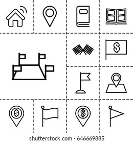 Set of 13 outline location icons such as flag, location pin, photo album, house signal, finish flag, flag with dollar, dollar location