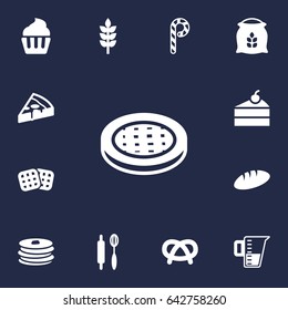 Set Of 13 Oven Icons Set.Collection Of Sack, Pepperoni, Striped Lollipop And Other Elements.