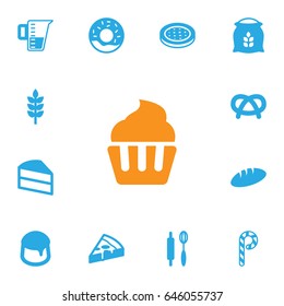 Set Of 13 Oven Icons Set.Collection Of Whisk, Measurement, Muffin And Other Elements.