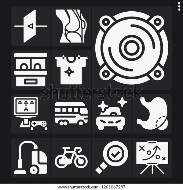 Set of 13 people filled icons such as\
stomach, knee, gaming, speaker, strategy, exit, bus, inspection,\
ticket office, clean car, clean, vacuum\
cleaner
