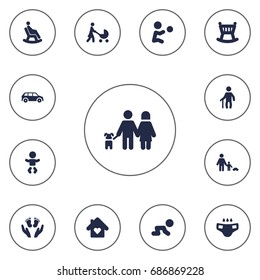 Set Of 13 People Icons Set.Collection Of Father With Son, Walking, Rocking Chair And Other Elements.