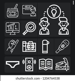 Set of 13 people outline icons such as carpenter, inspection, thought camera, pinky promise, sharing, baby, underwear, thermo, pregnancy, read, reunion, home