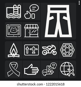 Set of 13 people outline icons such as store, motorcycle, thumbs up, flight, sith, airport, swimming pool, hand, trousers, social media, bonfire, ultrasound