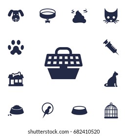 Set Of 13 Pets Icons Set.Collection Of Sitting, Pet Crate, Neckband Elements.