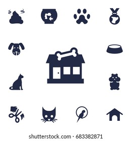 Set Of 13 Pets Icons Set.Collection Of Fishbowl, Cat, Head And Other Elements.