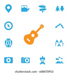 Set Of 13 Picnic Icons Set.Collection Of Kettle, Tree, Landscape Elements.