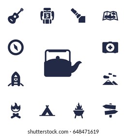 Set Of 13 Picnic Icons Set.Collection Of Map, Backpack, Kettle And Other Elements.