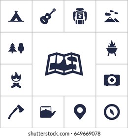 Set Of 13 Picnic Icons Set.Collection Of Map, Acoustic, Location And Other Elements.