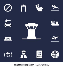 Set Of 13 Plane Icons Set.Collection Of Automobile, Metal Detector, Air Traffic Controller And Other Elements.