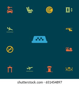 Set Of 13 Plane Icons Set.Collection Of Automobile, Luggage Check, Cab And Other Elements.
