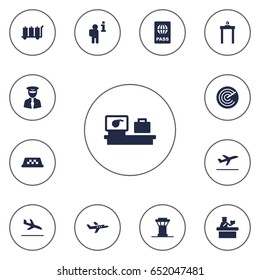 Set Of 13 Plane Icons Set.Collection Of Air Traffic Controller, Leaving, Security And Other Elements.