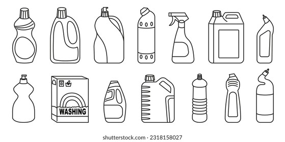 A set of 13  plastic containers for household chemicals and one box of washing powder. Detergent packaging, powder, gel or spray bottles. Vector illustration isolated on white background.  