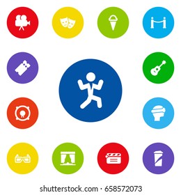 Set Of 13 Pleasure Icons Set.Collection Of Beverage, Cinema Fence, Loudspeakers And Other Elements.