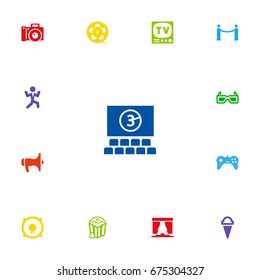 Set Of 13 Pleasure Icons Set.Collection Of Curtain, Loudspeakers, Snack And Other Elements.