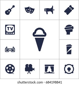 Set Of 13 Pleasure Icons Set.Collection Of Loudspeakers, Camera, Megaphone And Other Elements.